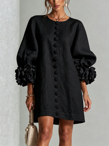 Noelia | Vestido mini de mezcla de lino con puños rosas, NEGRO