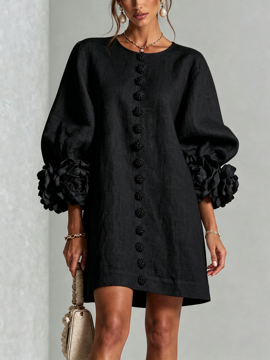 Noelia | Vestido mini de mezcla de lino con puños rosas, NEGRO