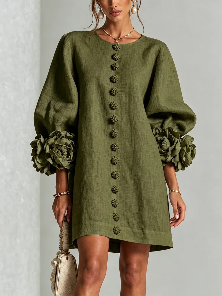 Gala | Vestido mini de mezcla de lino con puños en rosa, VERDE OLIVA