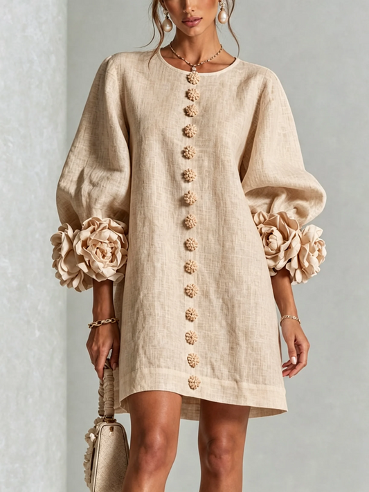 Olivia | Vestido mini de mezcla de lino con puños en rosa, BEIGE