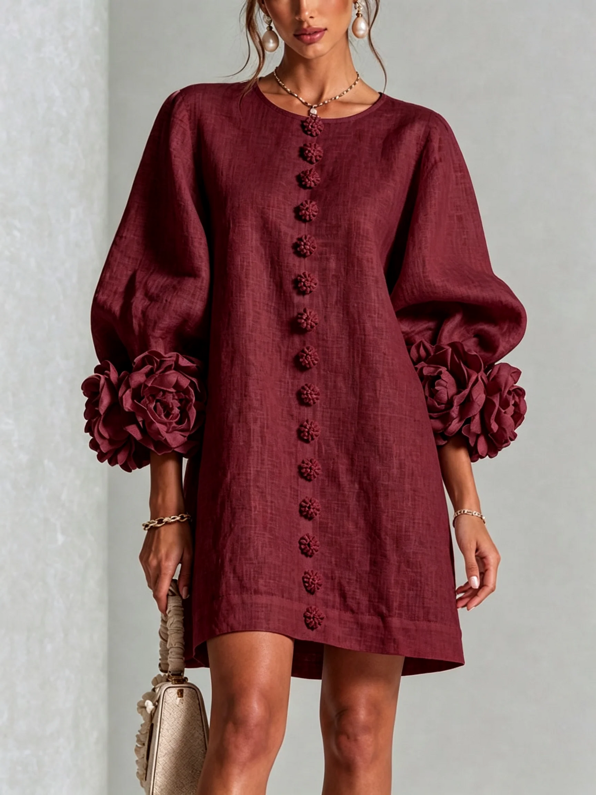 Lucía | Vestido mini de mezcla de lino con puños en rosa, BURDEOS