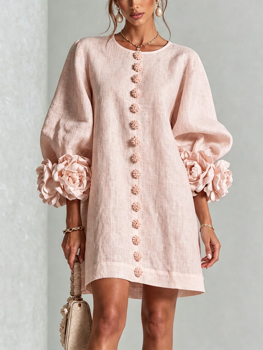 Ariadna | Vestido mini de mezcla de lino con puños en rosa, ROSA