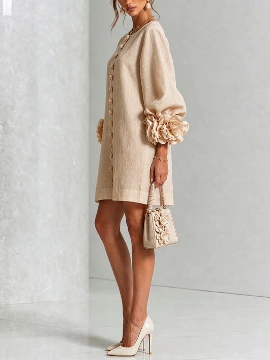 Olivia | Vestido mini de mezcla de lino con puños en rosa, BEIGE