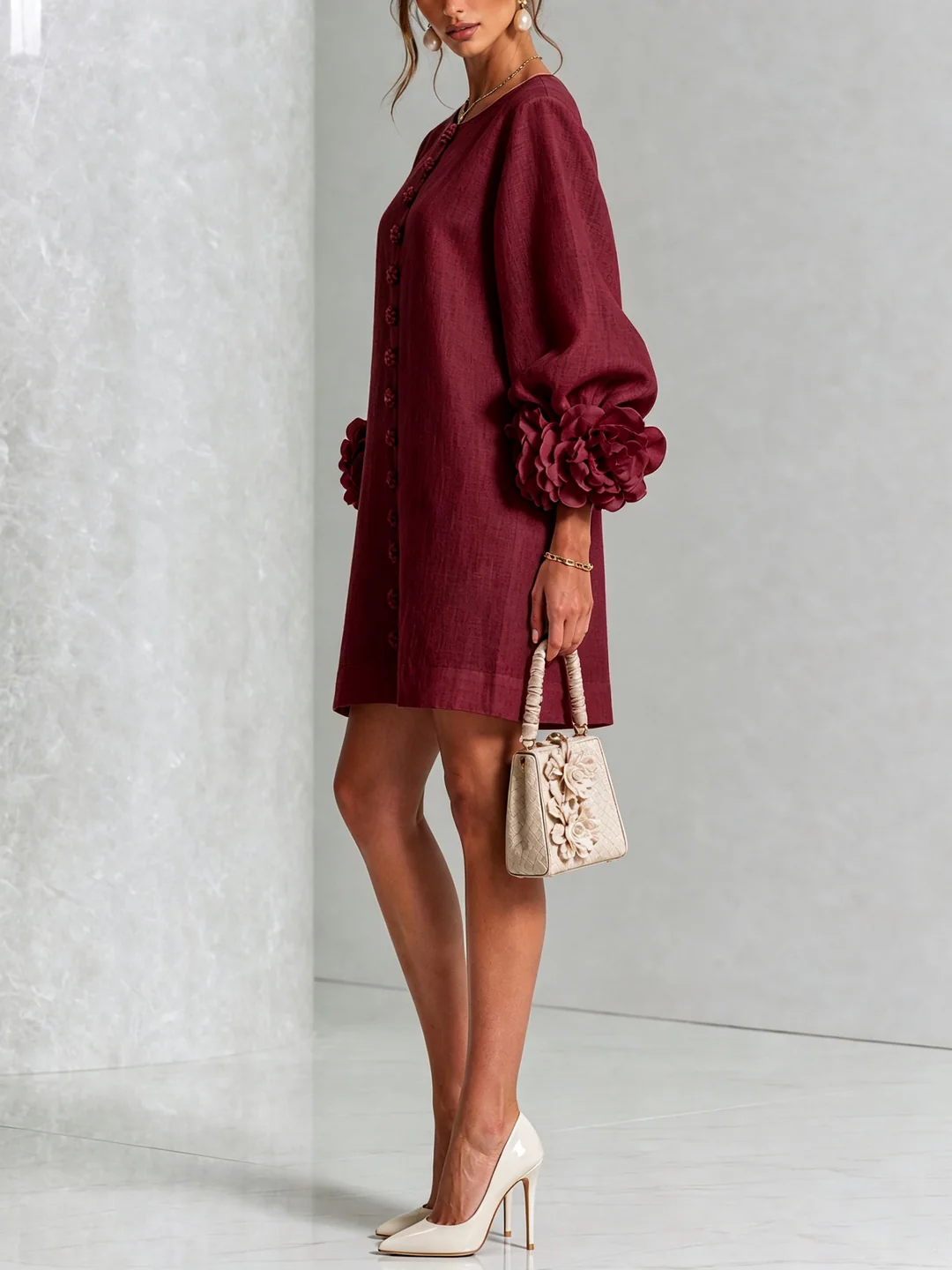 Lucía | Vestido mini de mezcla de lino con puños en rosa, BURDEOS