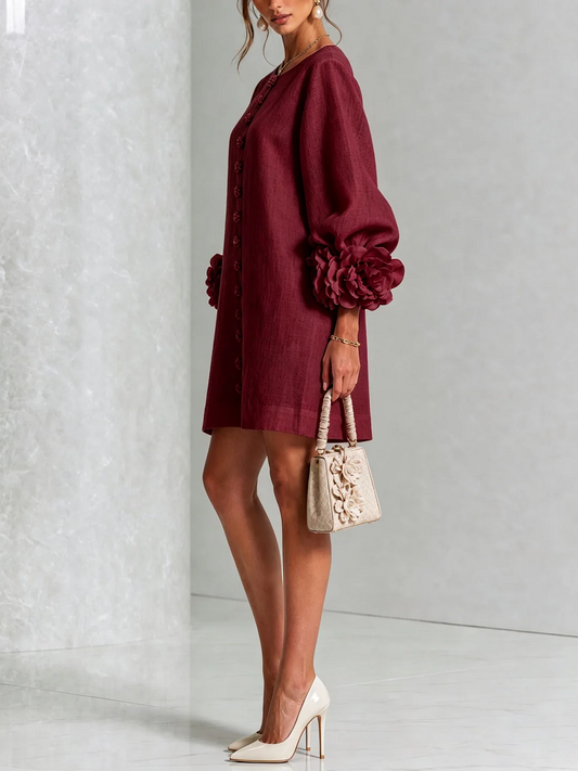 Lucía | Vestido mini de mezcla de lino con puños en rosa, BURDEOS