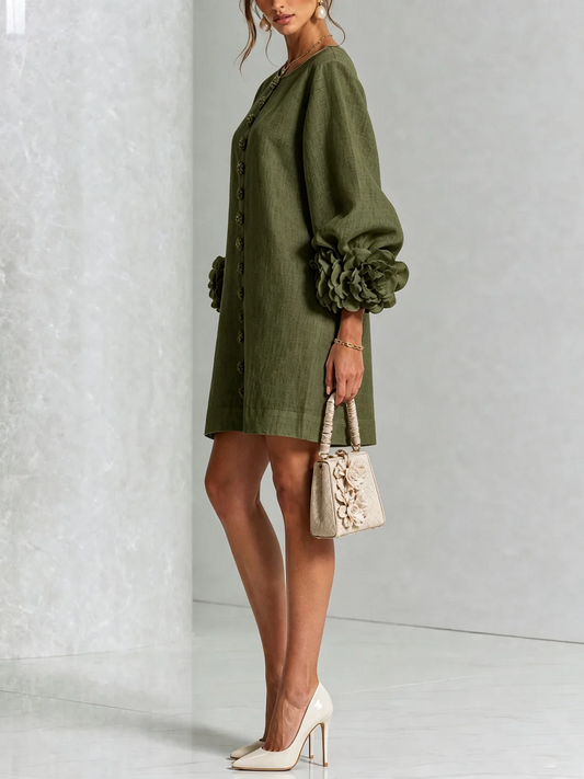 Gala | Vestido mini de mezcla de lino con puños en rosa, VERDE OLIVA
