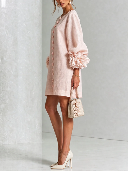 Ariadna | Vestido mini de mezcla de lino con puños en rosa, ROSA