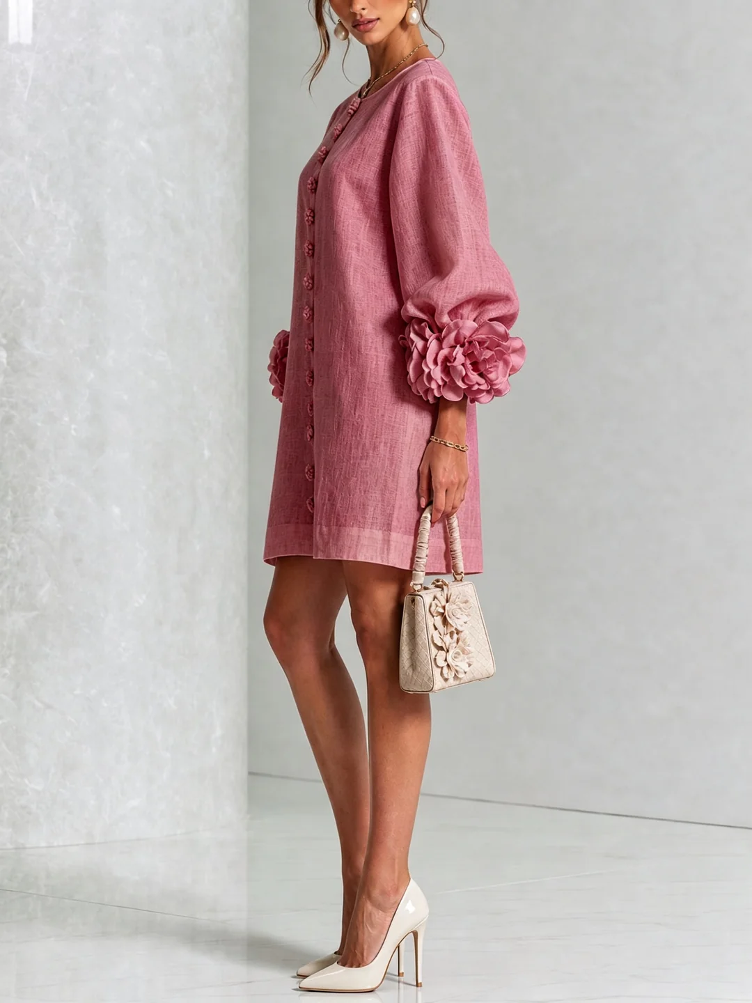 Blanca | Vestido mini de mezcla de lino con puños en rosa, ROSA ANTIGUO