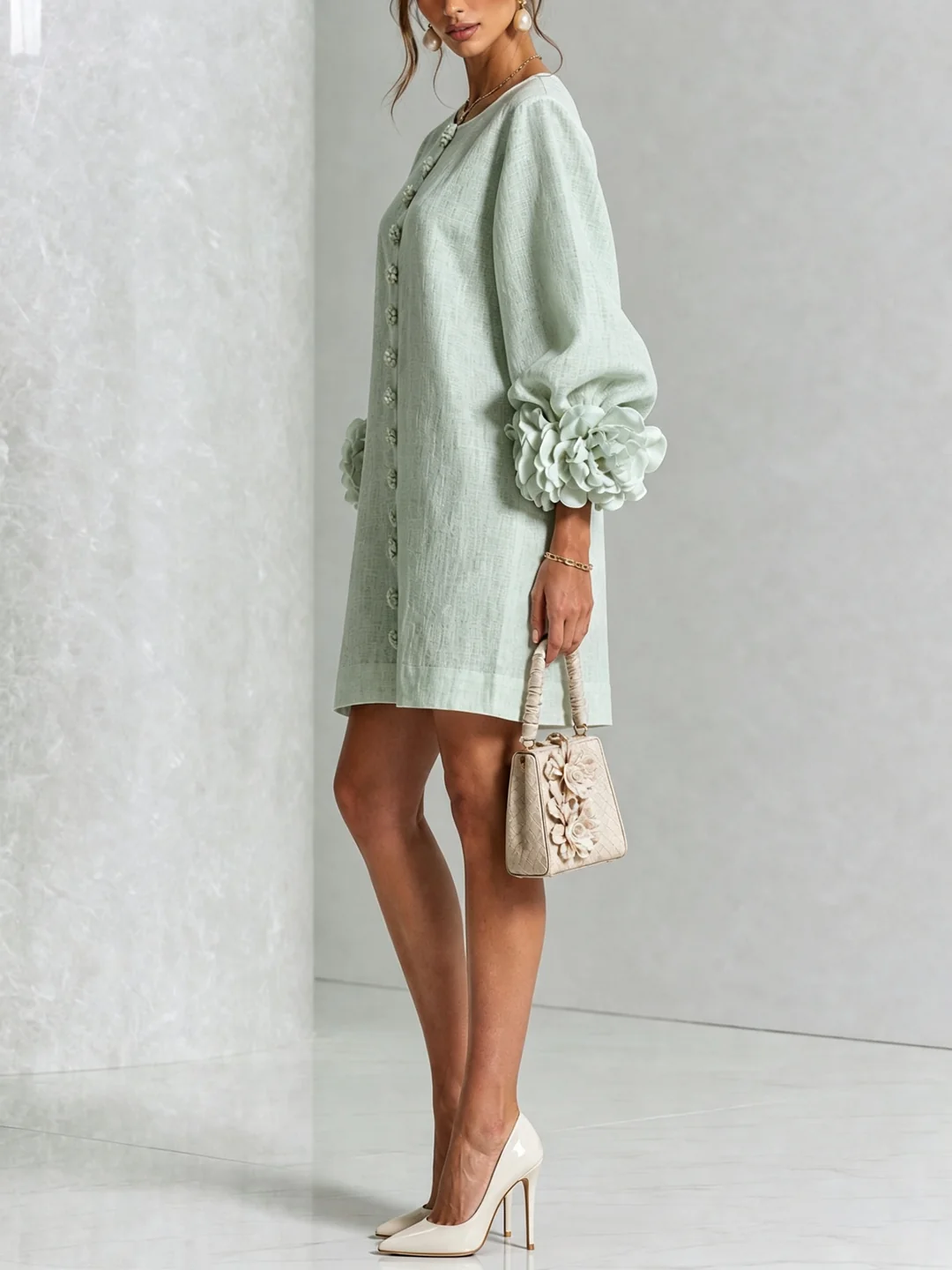 Martina | Vestido mini de mezcla de lino con puños en rosa, VERDE SALVIA