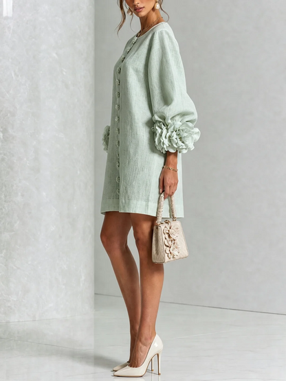 Martina | Vestido mini de mezcla de lino con puños en rosa, VERDE SALVIA