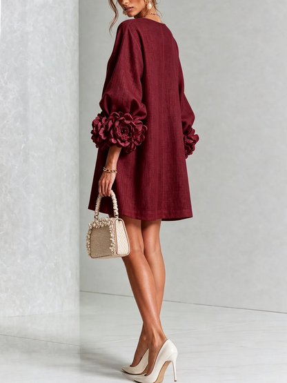 Lucía | Vestido mini de mezcla de lino con puños en rosa, BURDEOS