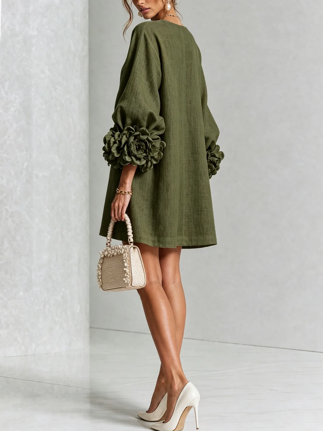 Gala | Vestido mini de mezcla de lino con puños en rosa, VERDE OLIVA