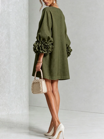Gala | Vestido mini de mezcla de lino con puños en rosa, VERDE OLIVA