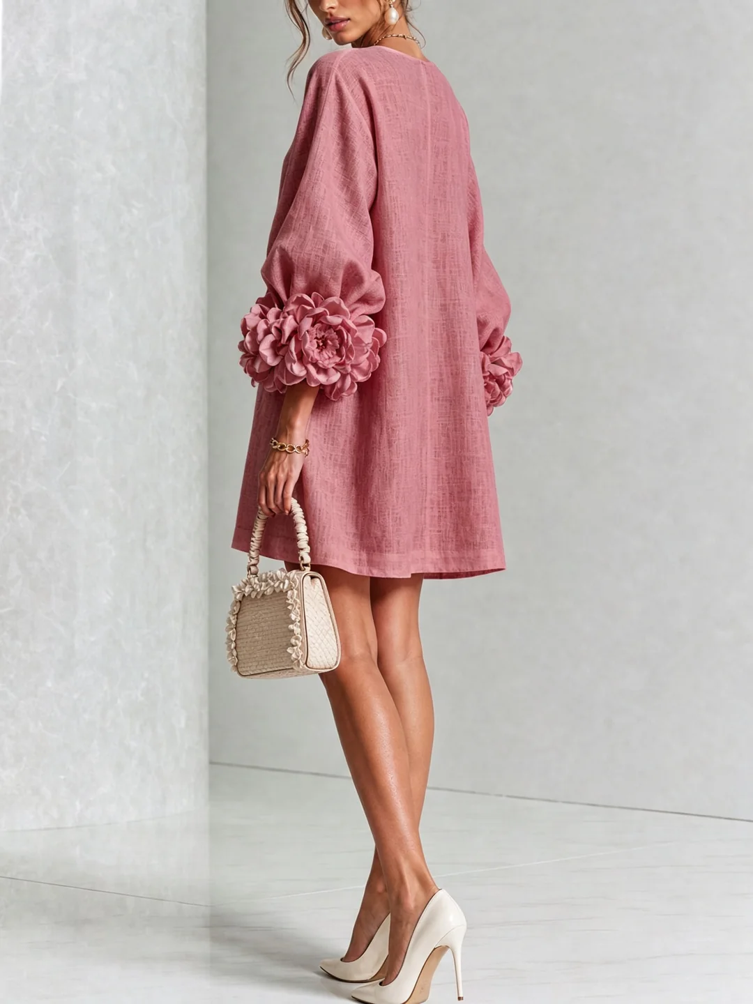 Blanca | Vestido mini de mezcla de lino con puños en rosa, ROSA ANTIGUO