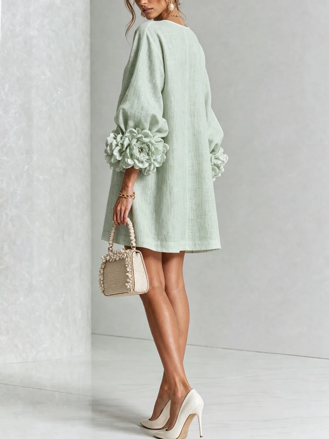 Martina | Vestido mini de mezcla de lino con puños en rosa, VERDE SALVIA