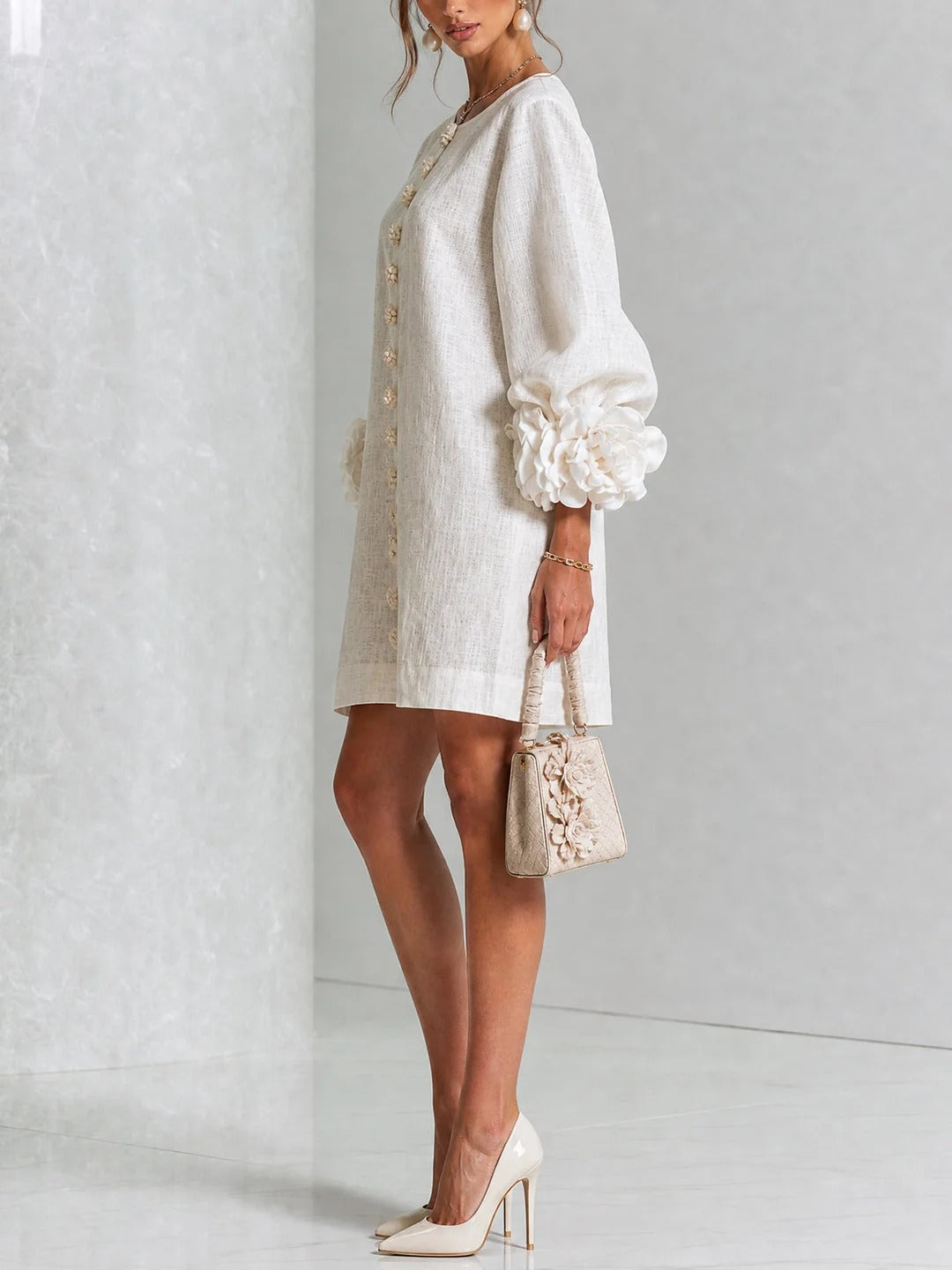 Candela | Vestido mini de mezcla de lino con puños en rosa, BLANCO