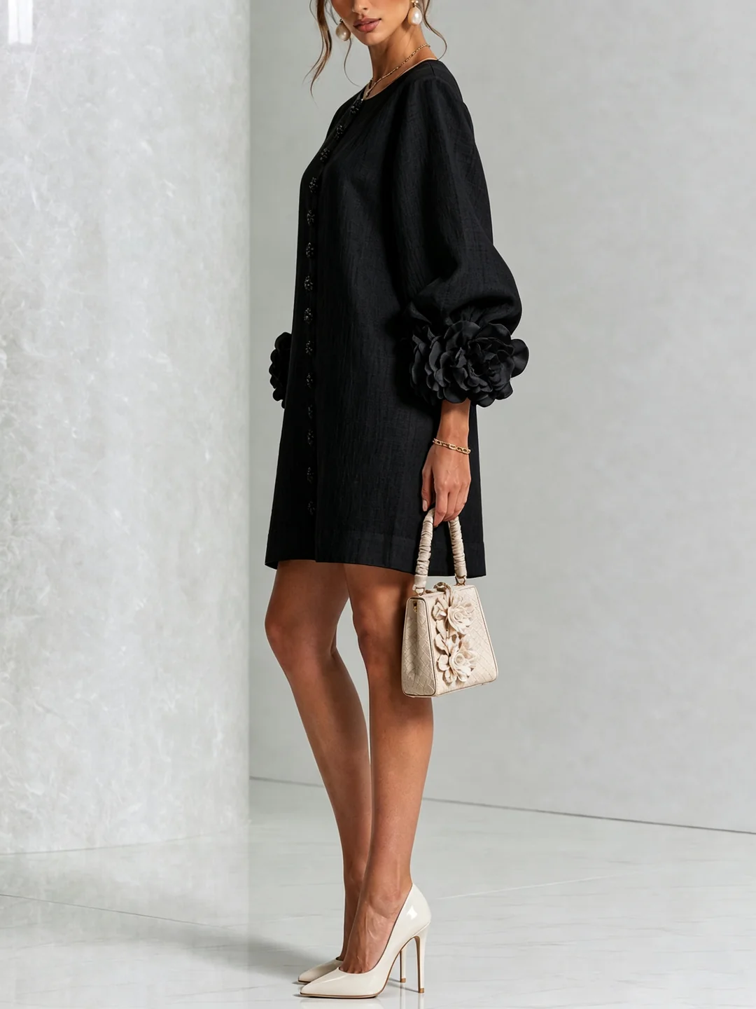 Noelia | Vestido mini de mezcla de lino con puños rosas, NEGRO