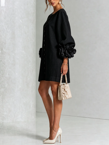 Noelia | Vestido mini de mezcla de lino con puños rosas, NEGRO