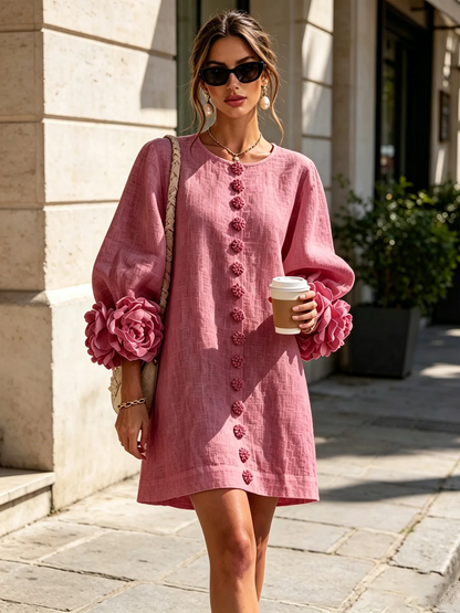 Blanca | Vestido mini de mezcla de lino con puños en rosa, ROSA ANTIGUO