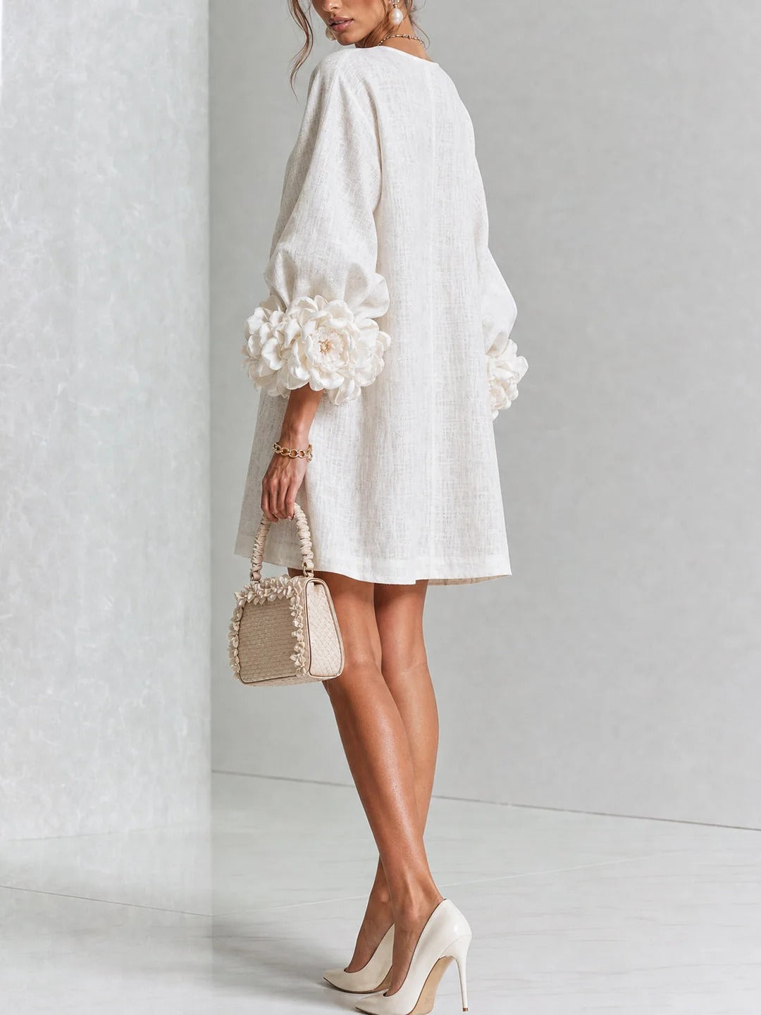 Candela | Vestido mini de mezcla de lino con puños en rosa, BLANCO