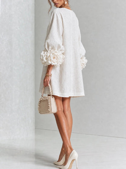 Candela | Vestido mini de mezcla de lino con puños en rosa, BLANCO