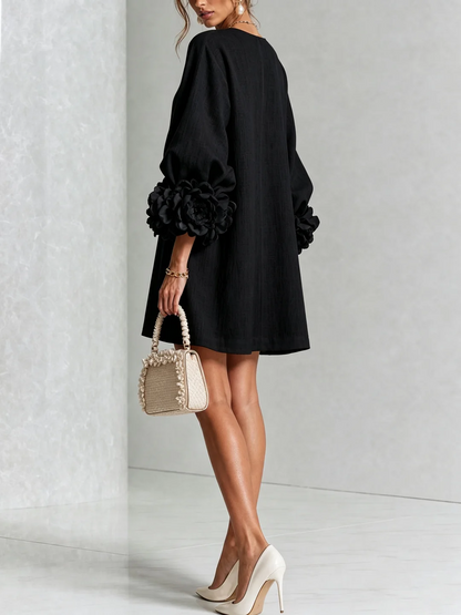 Noelia | Vestido mini de mezcla de lino con puños rosas, NEGRO