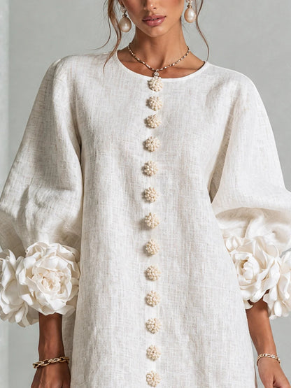 Candela | Vestido mini de mezcla de lino con puños en rosa, BLANCO