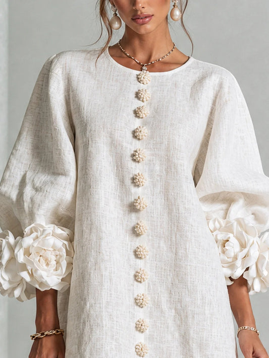 Candela | Vestido mini de mezcla de lino con puños en rosa, BLANCO