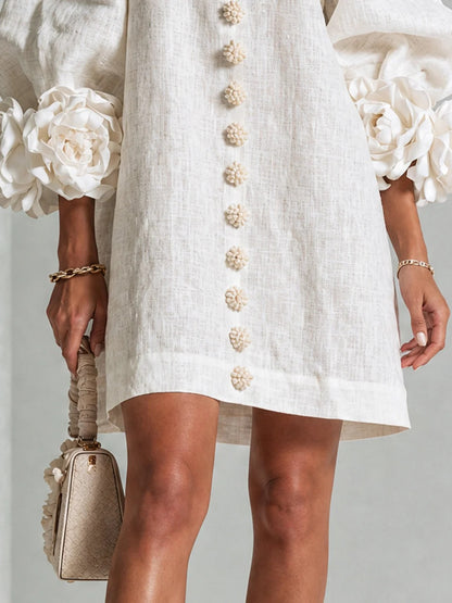 Candela | Vestido mini de mezcla de lino con puños en rosa, BLANCO