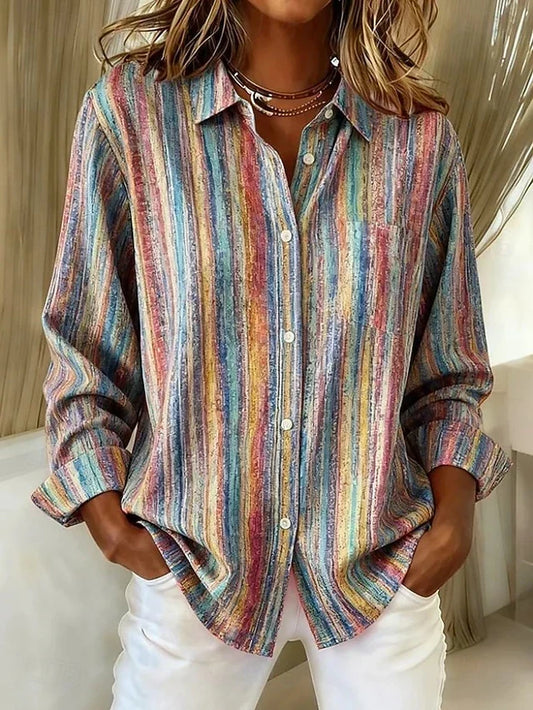 Blusa vintage de rayas multicolores con botones