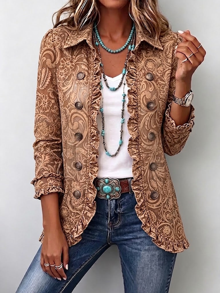 Noemi | Chaqueta bohemia vintage marrón con estampado floral y volantes