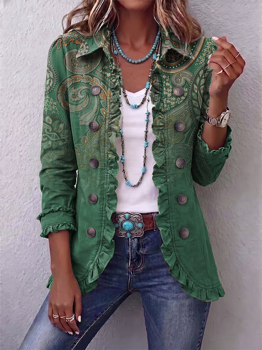 Costanza | Chaqueta bohemia verde con estampado de paisley y volantes