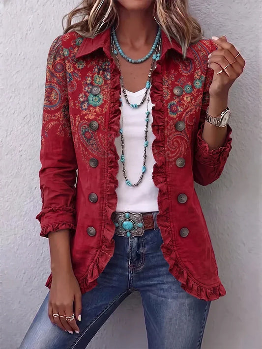 Carlotta | Chaqueta bohemia roja con estampado de paisley y volantes