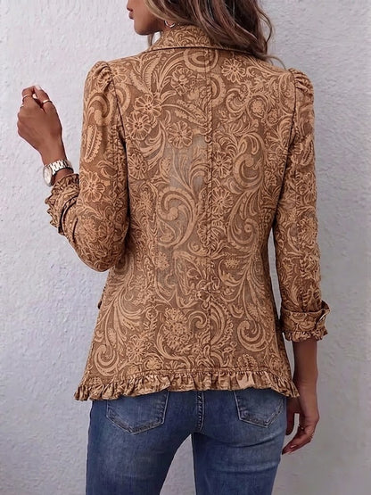 Noemi | Chaqueta bohemia vintage marrón con estampado floral y volantes