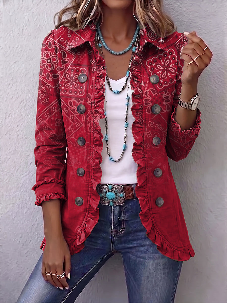 Gaia | Chaqueta con estampado Paisley en tonos rojos degradados y volantes