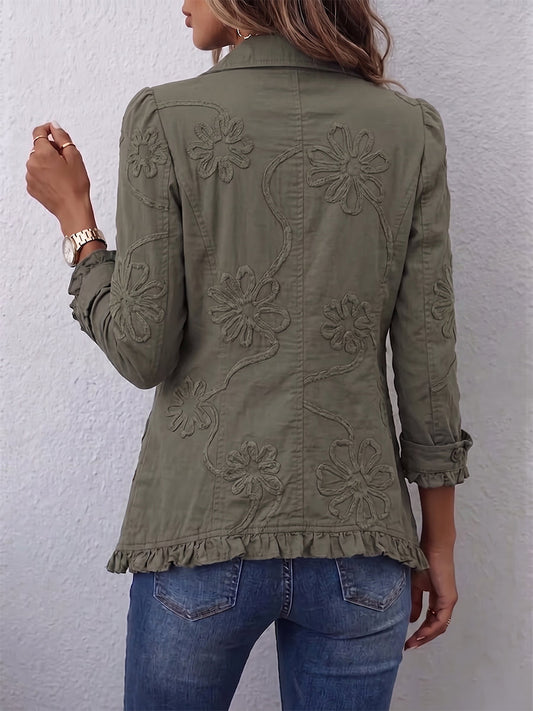 Alessandra | Chaqueta de estilo bohemio-chic con bordados florales en verde retro y volantes