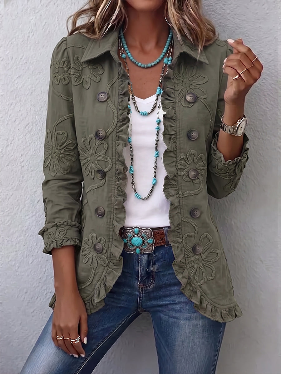 Alessandra | Chaqueta de estilo bohemio-chic con bordados florales en verde retro y volantes