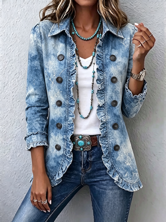Ginevra | Chaqueta «Bohémien Botanica» vintage en tonos azul difuminado con volantes