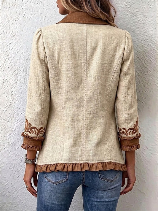 Ottavia | Chaqueta bohemia vintage con estampado floral en tonos camel y marrón y volantes