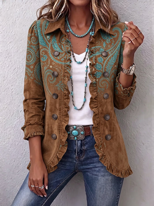 Severina | Chaqueta marrón con estampado Paisley y volantes