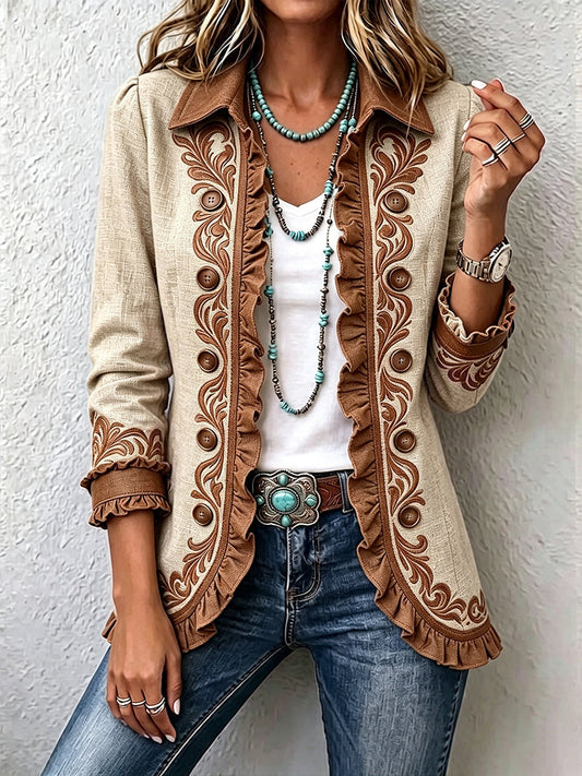 Ottavia | Chaqueta bohemia vintage con estampado floral en tonos camel y marrón y volantes