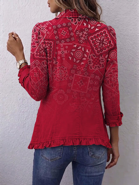 Gaia | Chaqueta con estampado Paisley en tonos rojos degradados y volantes