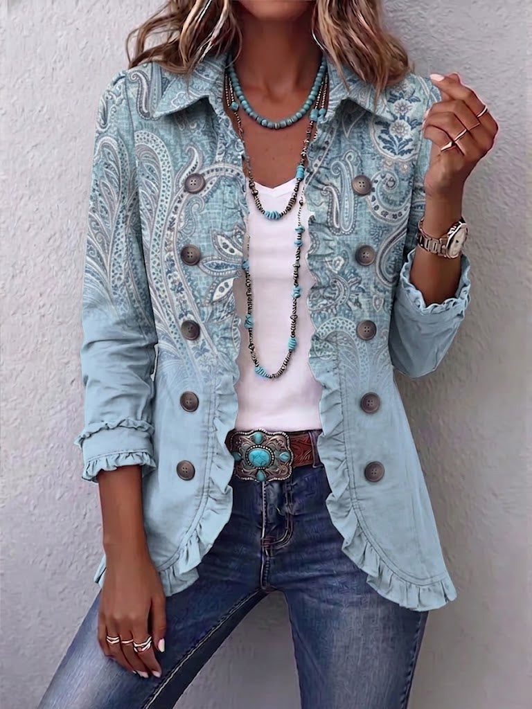Emilia | Chaqueta vintage de estampado Paisley en azul cielo con volantes