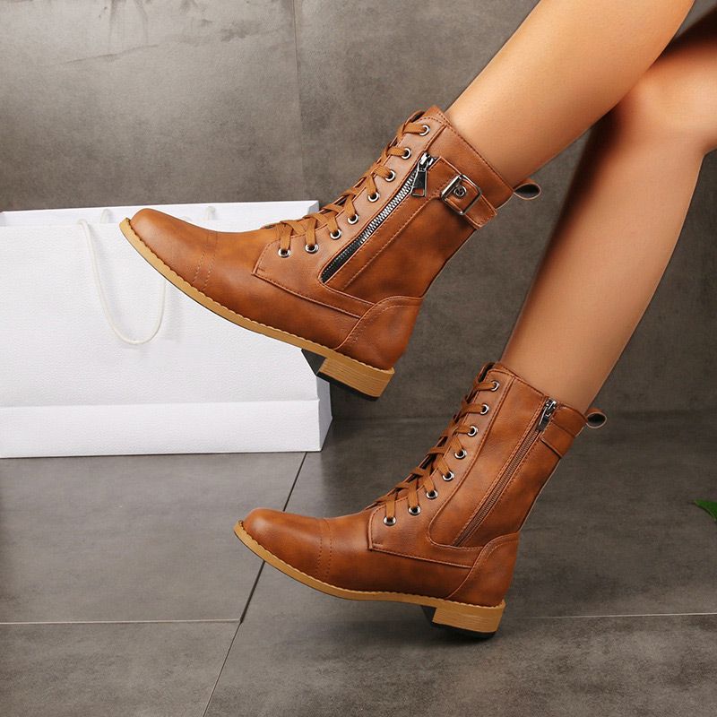 Botas ortopédicas de piel para mujer con puntera redonda y cremallera lateral