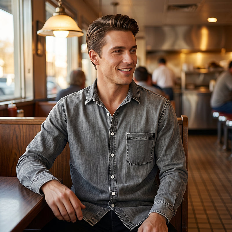 Camisa de vaquero desgastada de estilo retro para hombre