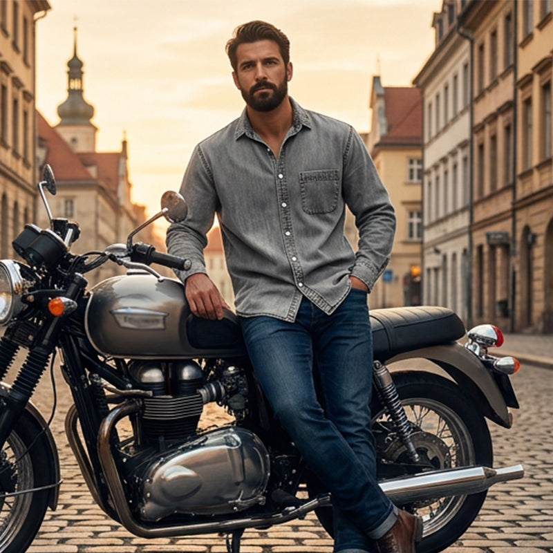 Camisa de vaquero desgastada de estilo retro para hombre